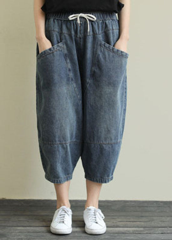 French Light Blue Pockets Elastic Waist Cotton Denim Pants Spring