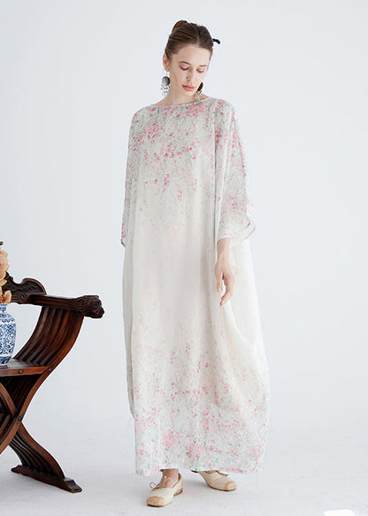 White O Neck Print Cotton Robe Dresses Summer