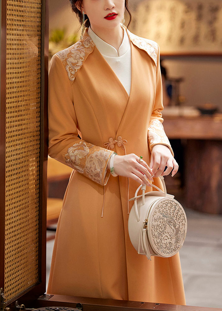 Black V Neck Embroideried Button Long Coats Fall