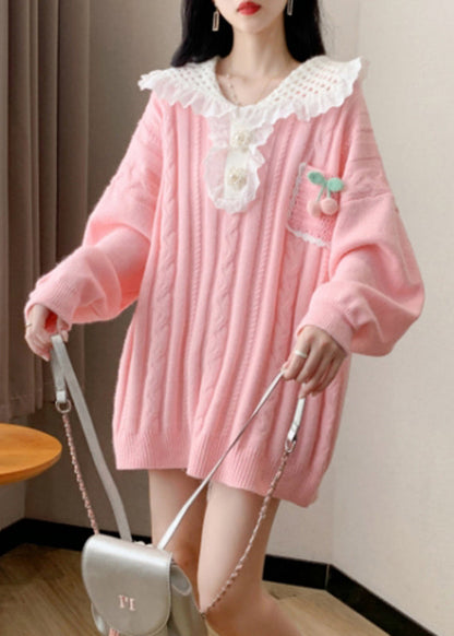 Pink Peter Pan Collar Cotton Knit Sweater Spring