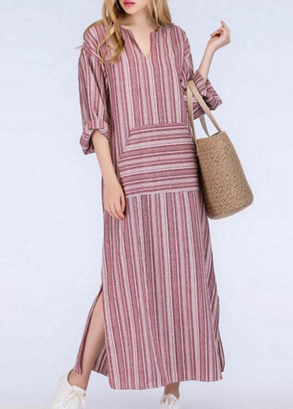 Natural Grey O-neck Striped Patchwork Long Dresses Spring