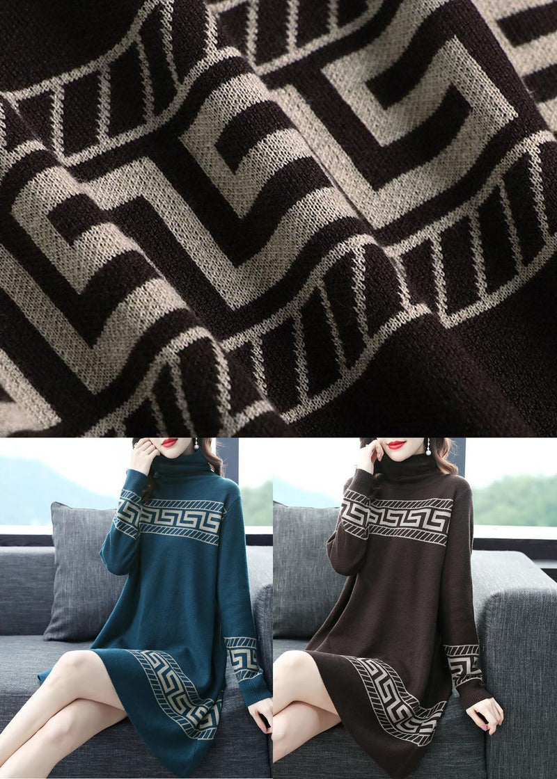 Chocolate Print Long a Line Dress Turtle Neck Long Sleeve