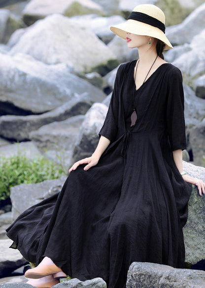 Black V Neck Asymmetrical Design Maxi Dresses Summer