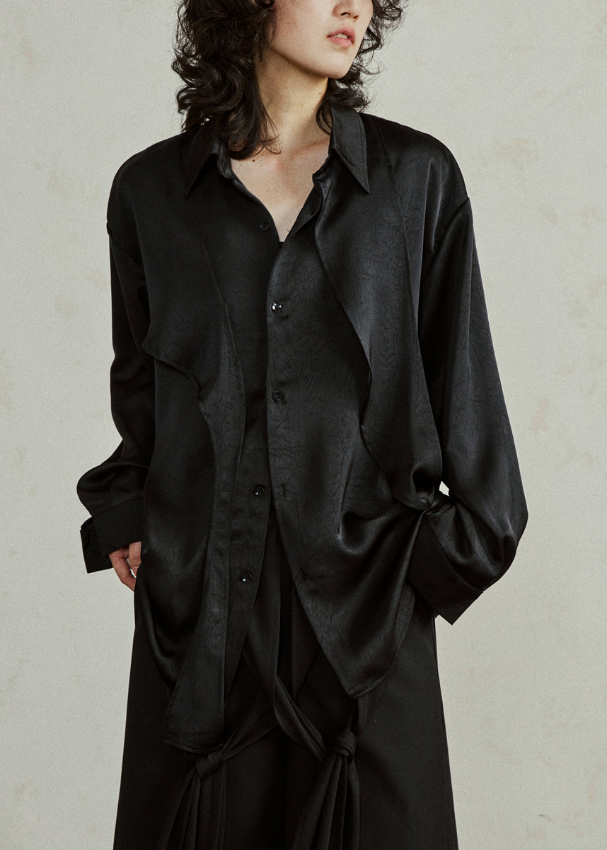 Black Asymmetrical Button Top Lantern Sleeve