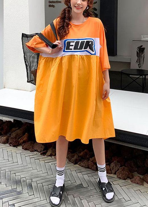 Orange White Patchwork Yellow O-neck Summer Graphic Half Sleeve Long Dresses