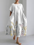 Watercolor Bunny Print Linen Blend Casual Dress artswardrobe