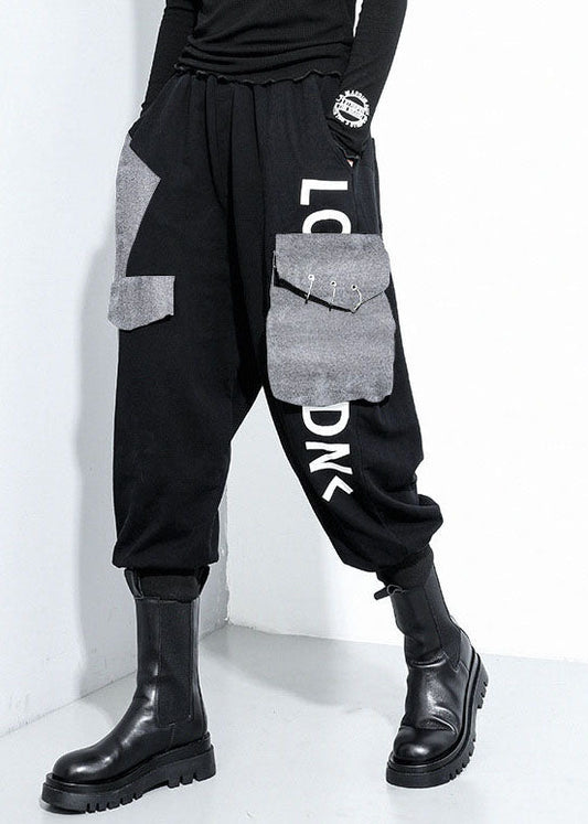 Black Pockets Cotton Harem Pants Spring