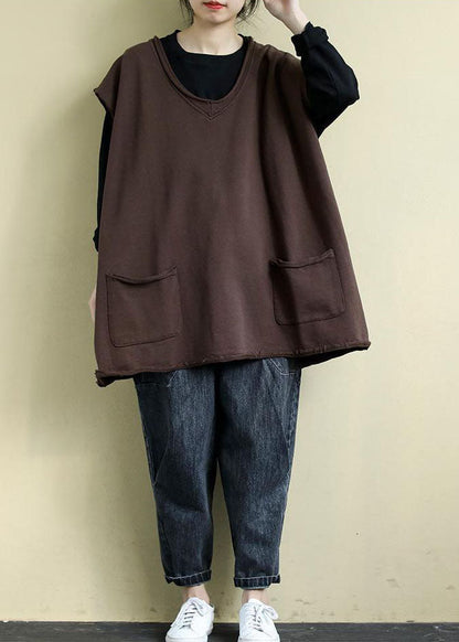 Modern Chocolate V Neck Oversized Color Cotton Vests Fall