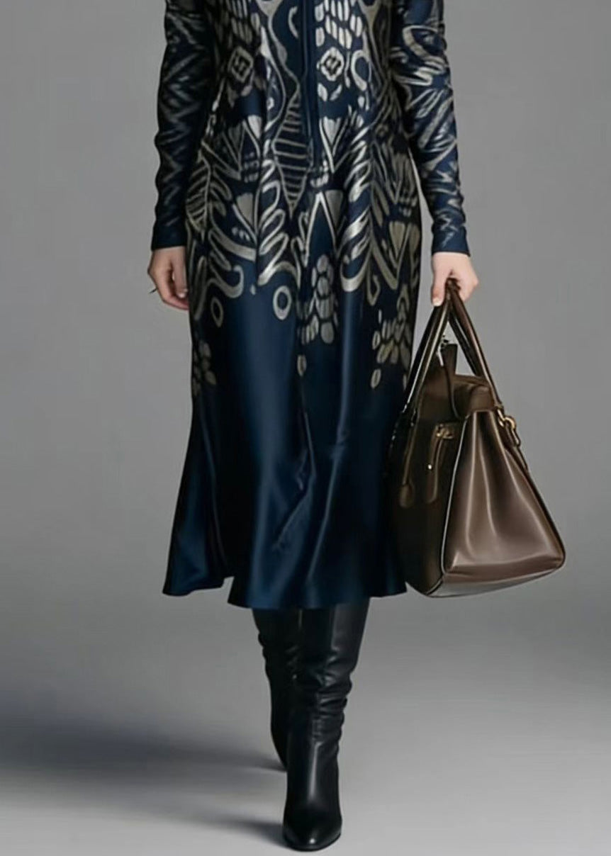 V Neck Print Silk Dress Spring