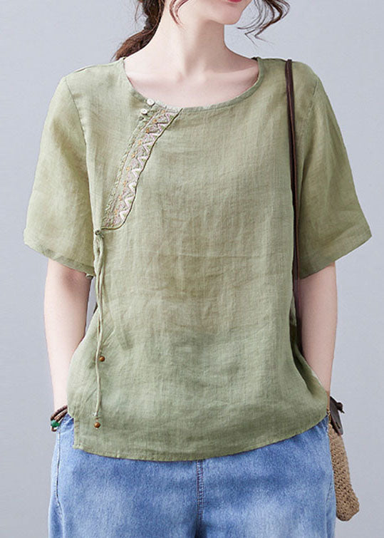 Green O-neck Embroidery Shirt Short Sleeve