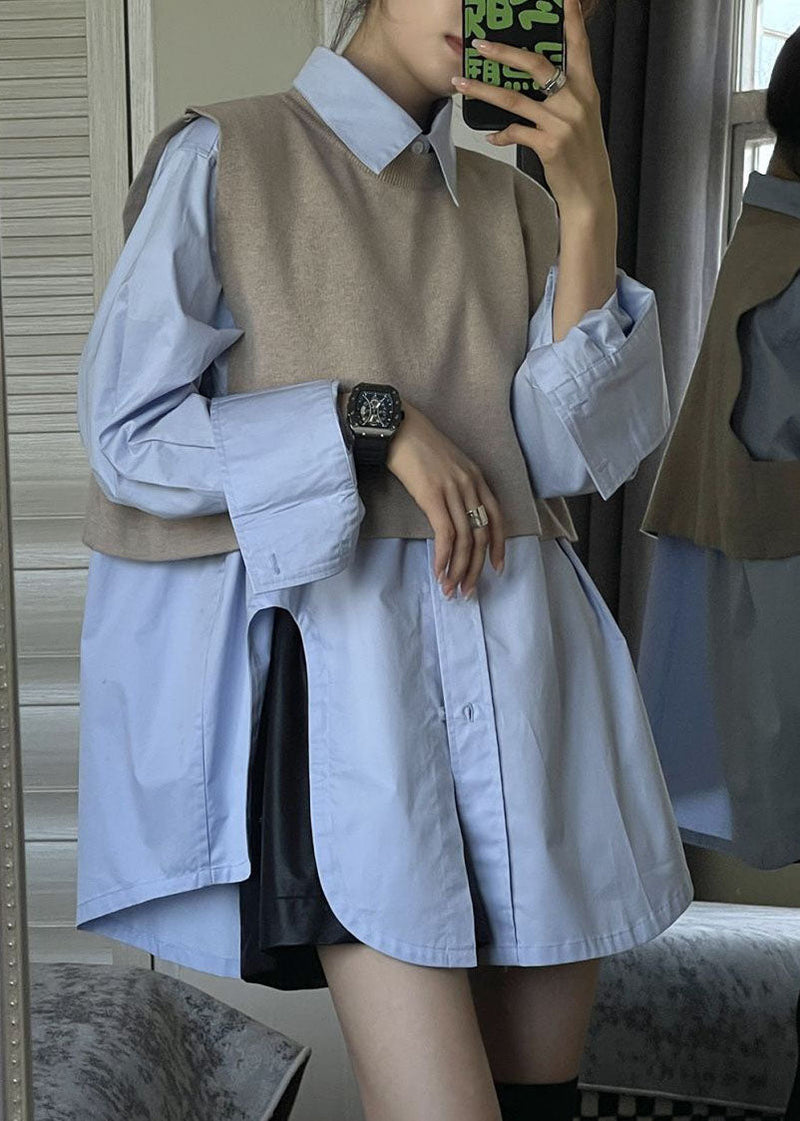 Modern Grey Side Open Knit Waistcoat and Shirts Two Pieces Set Long Sleeve