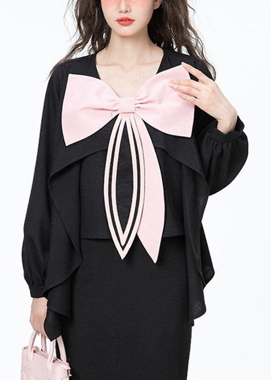 Black O-neck Bow Chiffon Shirt Long Sleeve