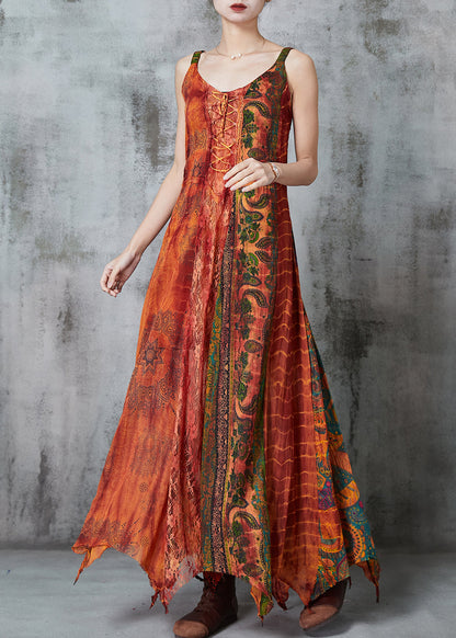 Orange Asymmetrical Print Cotton Holiday Dress Summer