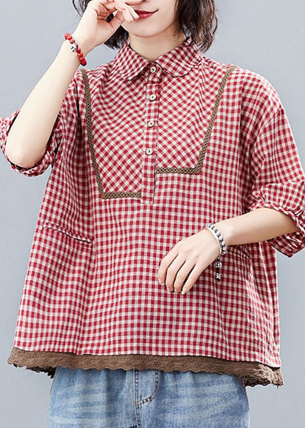 Red Button Peter Pan Collar Shirt Tops Half Sleeve