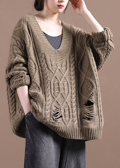 Khaki V Neck Cotton Knit Sweaters Fall
