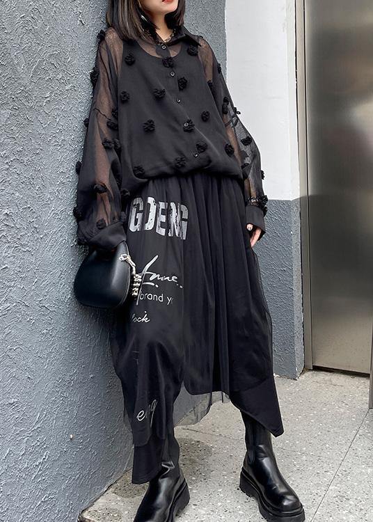 Black Simple Button Cinched Two Piece Set Clothing Chiffon Top