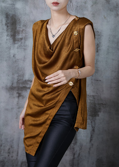 Brown Asymmetrical Patchwork Silk Beach Vest Summer