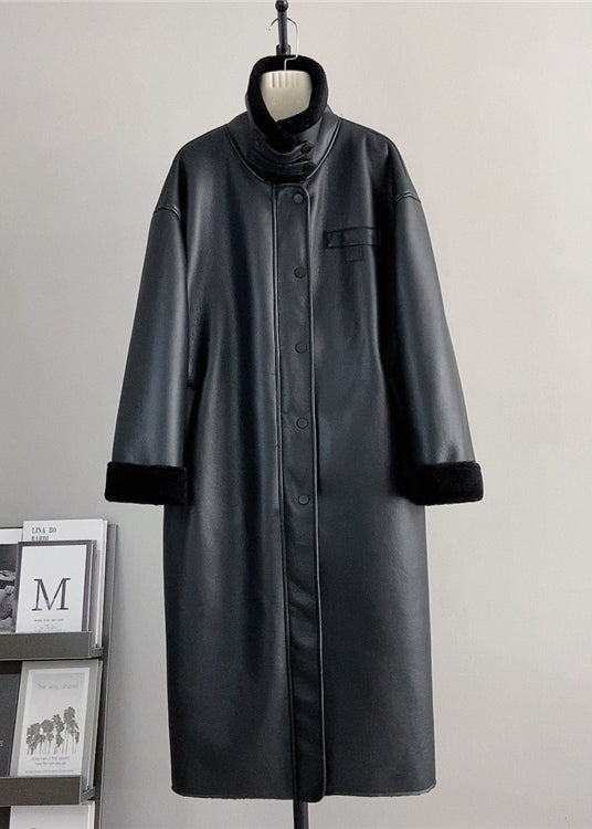 Boutique Black Stand Collar Leather and Fur Warm Coat Winter