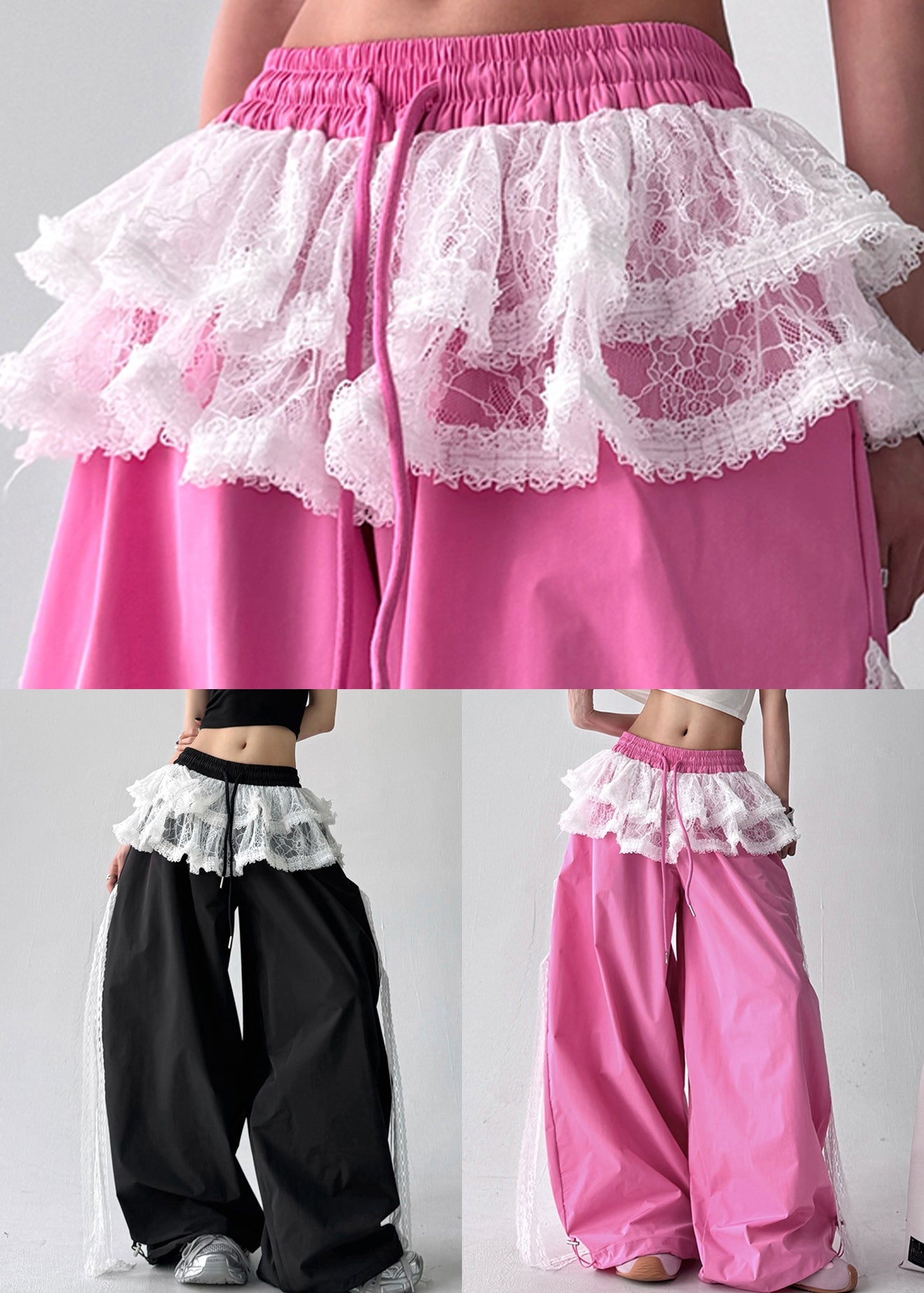 Black Elastic Waist Cotton Fall Pants Lace Asymmetrical Fall
