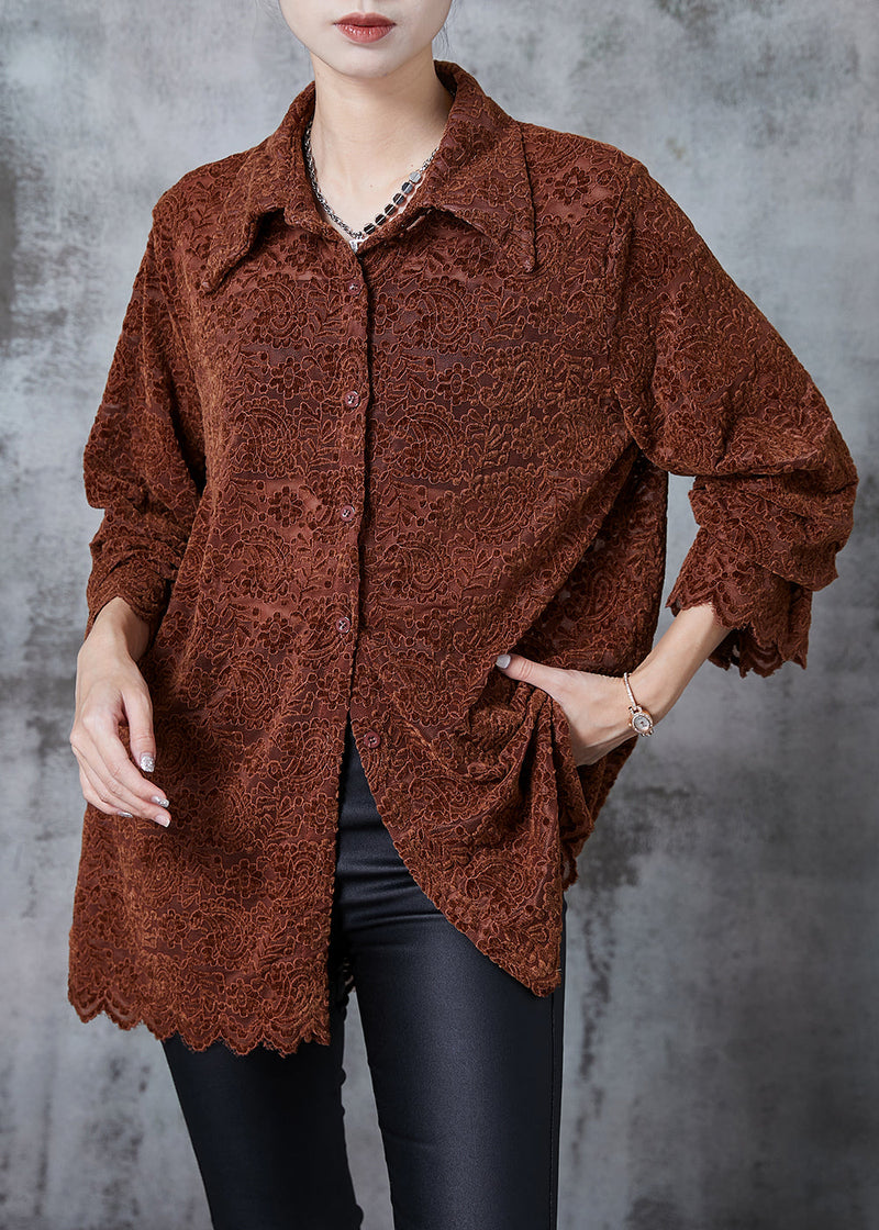 Caramel Embroidered Lace Shirt Tops Spring