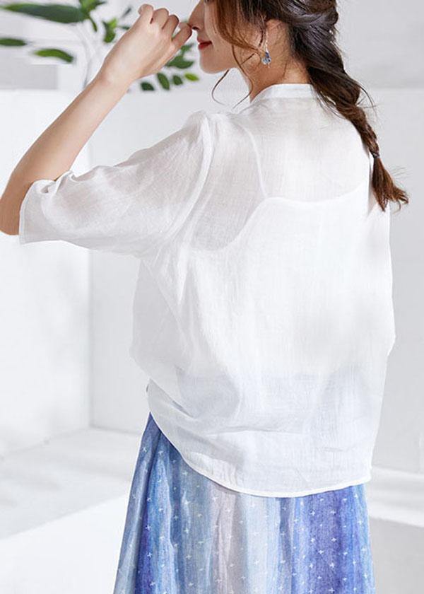 White Oriental Embroideried Summer Ramie Blouses Half Sleeve