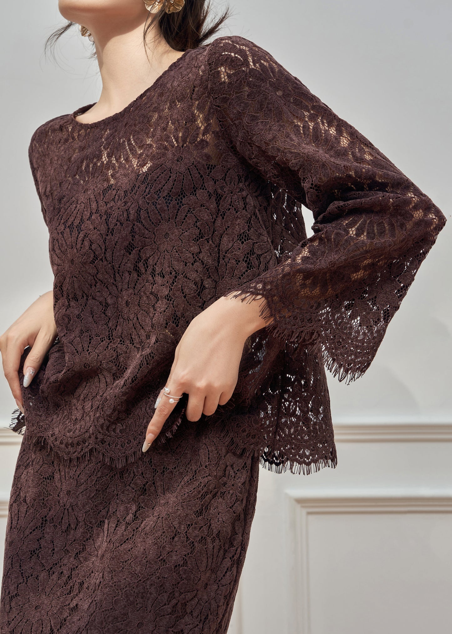 Coffee O Neck Hollow Out Lace Two Pieces Set Fall