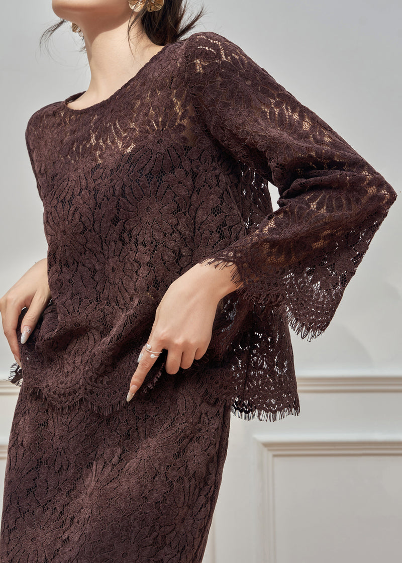Coffee O Neck Hollow Out Lace Two Pieces Set Fall