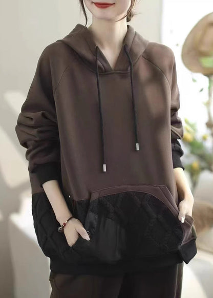 Coffee Pockets Patchwork Warm Fleece Pullover Spring