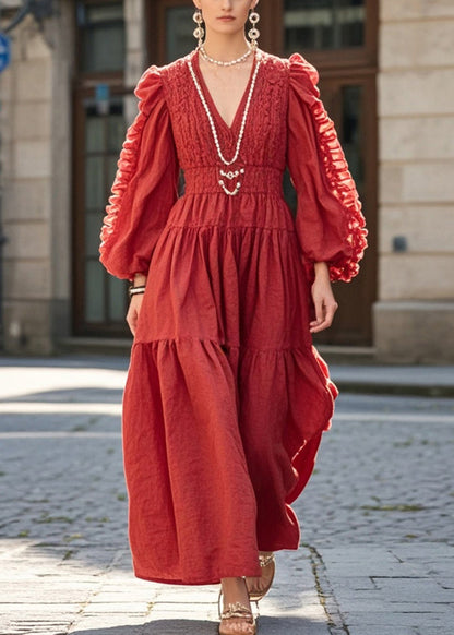 Red Cinched Wrinkled Cotton Holiday Dress Fall