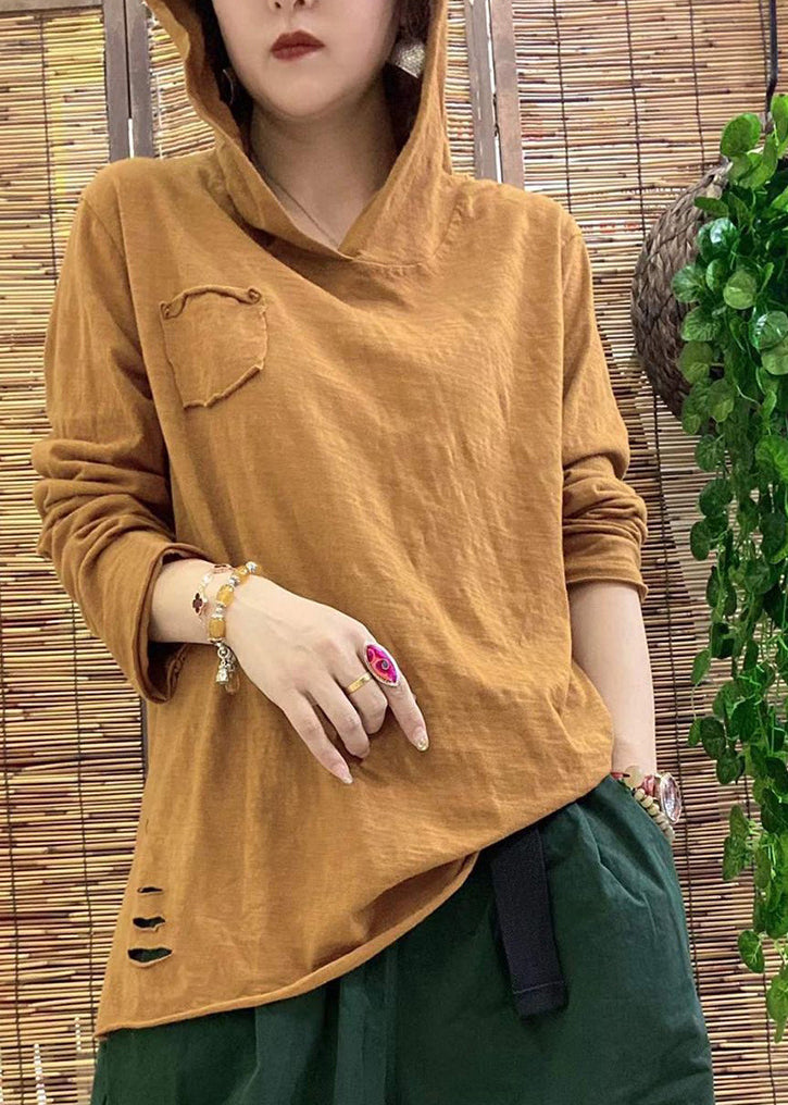Black Hooded Side Open Hole Cotton Top Long Sleeve