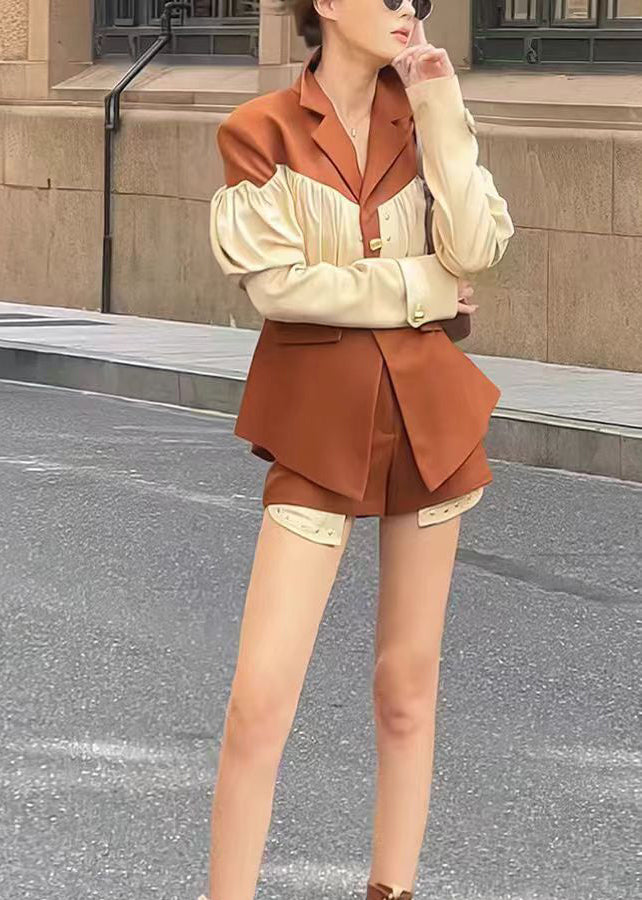 French Coffee Wrinkled Patchwork Coat and Shorts Two Pieces Spring