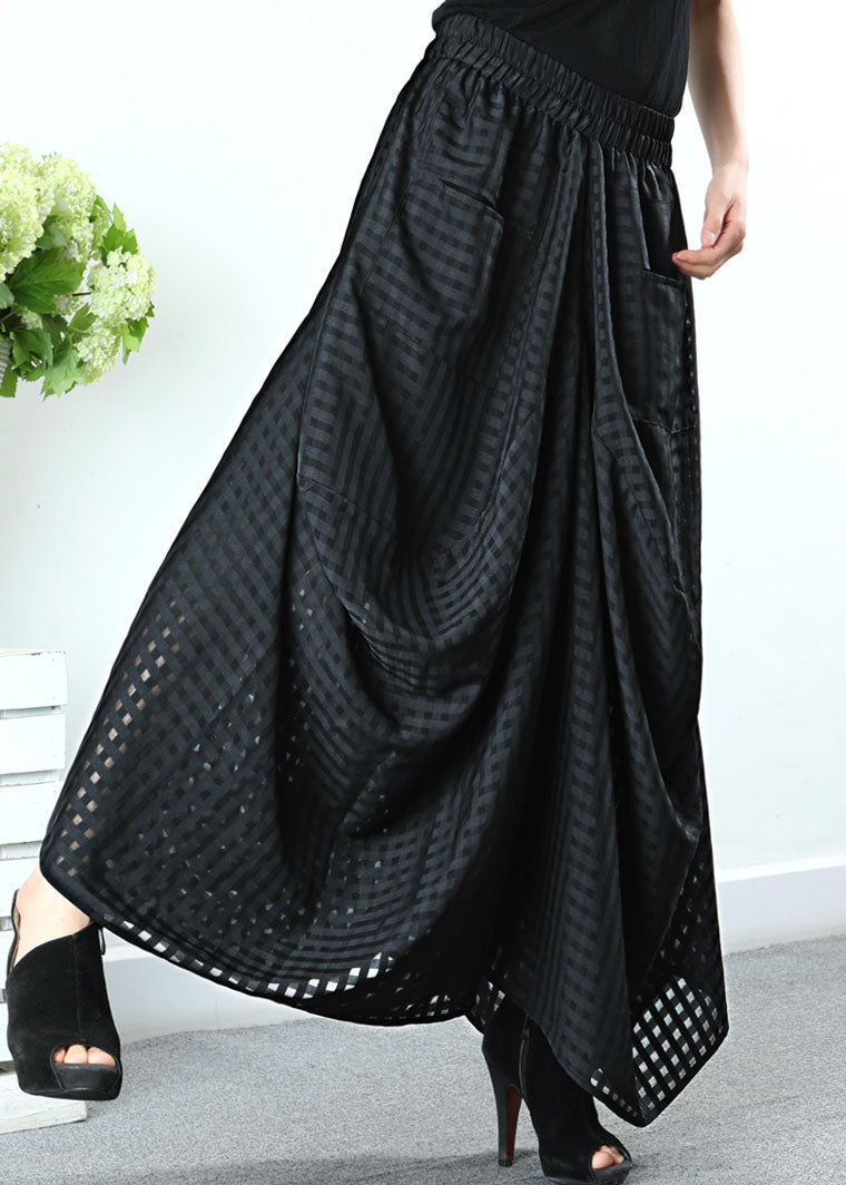 Simple Black Pockets Plaid Wide Half Skirt Spring