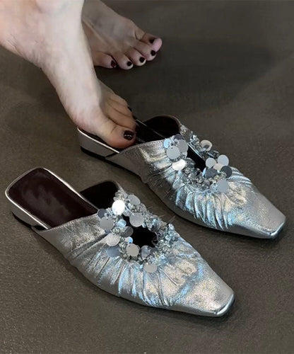 Black Faux Leather Wrinkled Sequins Splicing Slide Sandals