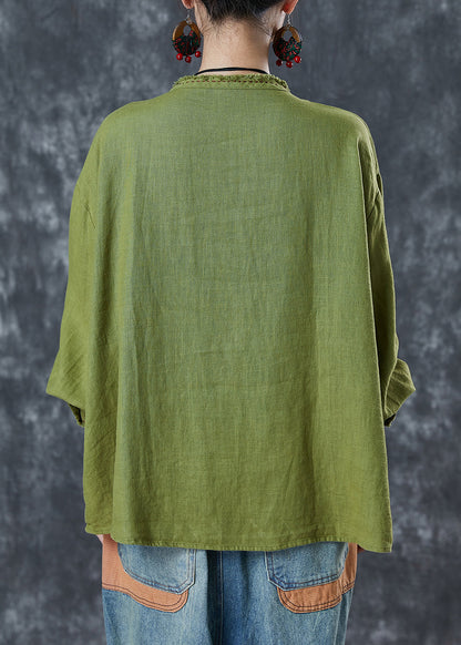 Grass Green Embroidered Linen Blouses Spring
