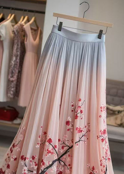 Pink Print Elastic Waist Chiffon Pleated Skirt Summer