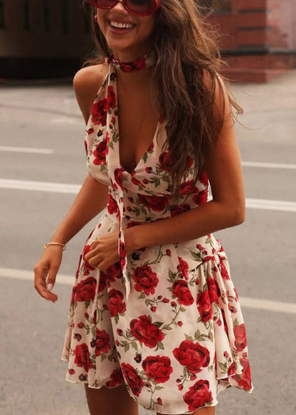 Red Backless Halter Print Cotton Mini Dresses Summer