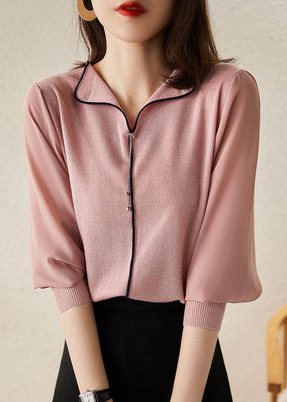 New Grey V Neck Chiffon Patchwork Knit Top Bracelet Sleeve