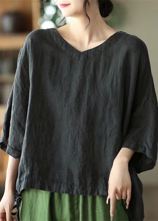 Green O-neck Embroideried Linen Top Long Sleeve