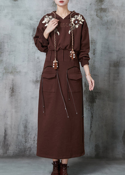 Modern Brown Embroidered Cotton Sweatshirt Dress Spring