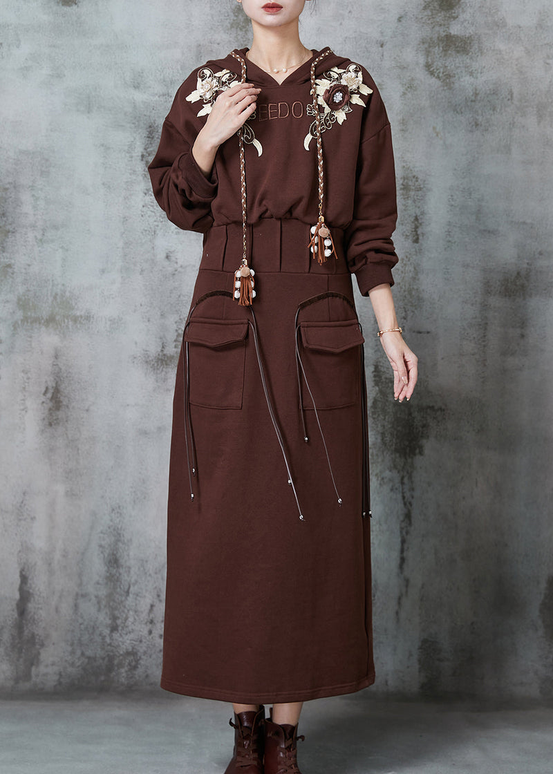Modern Brown Embroidered Cotton Sweatshirt Dress Spring