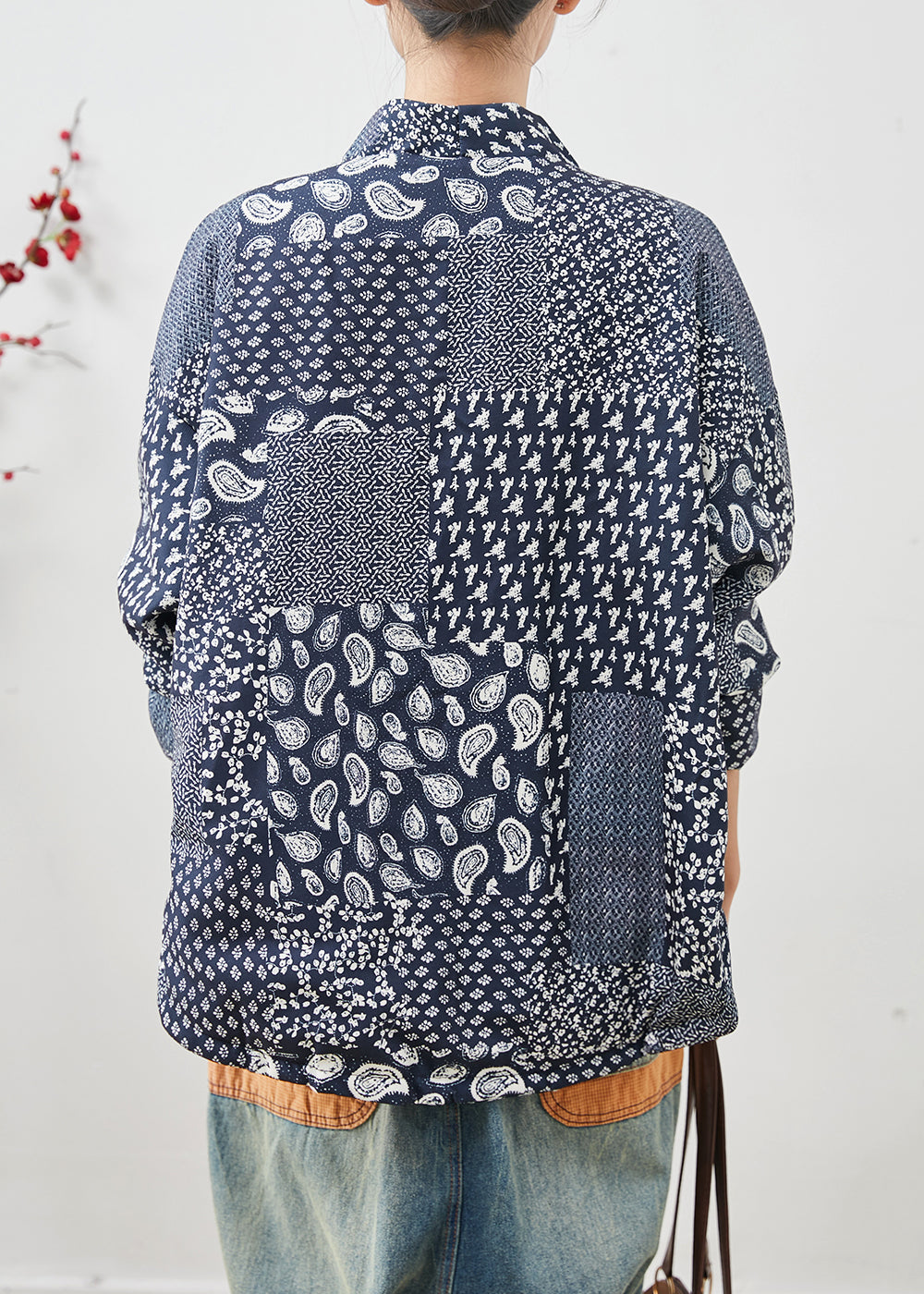 Navy Oversized Print Linen Coat Spring