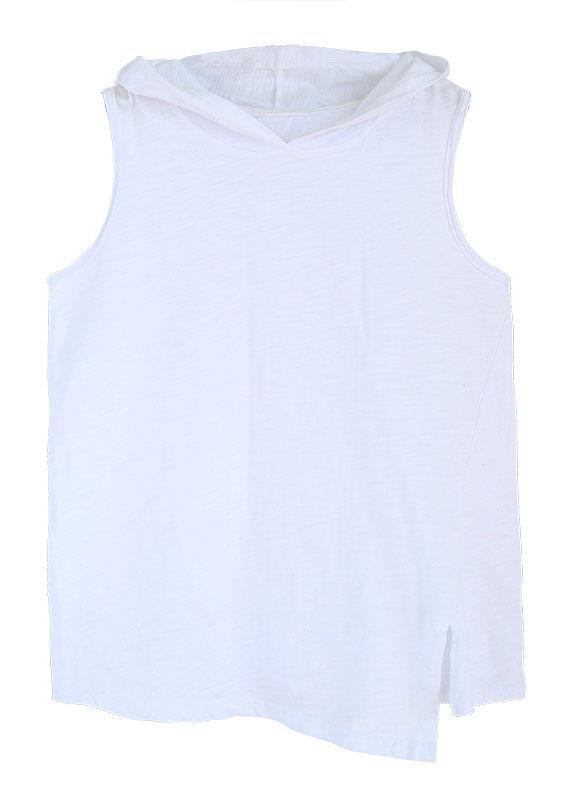 White Hooded Asymmetrical Design Summer Cotton Top Sleeveless