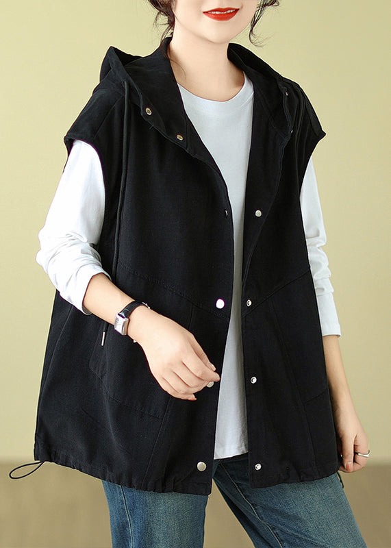 Black Hooded Button Drawstring Cotton Waistcoat Sleeveless