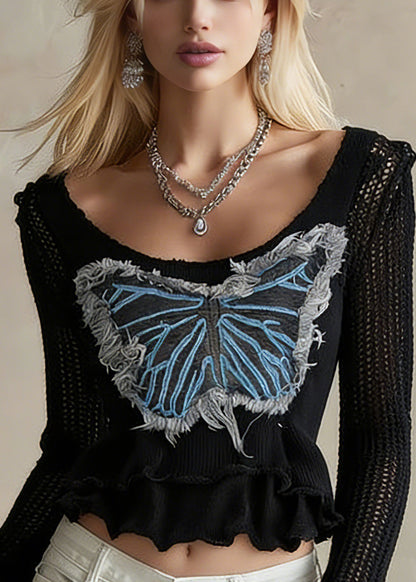 Black O-neck Butterfly Knit Sweater Flare Sleeve