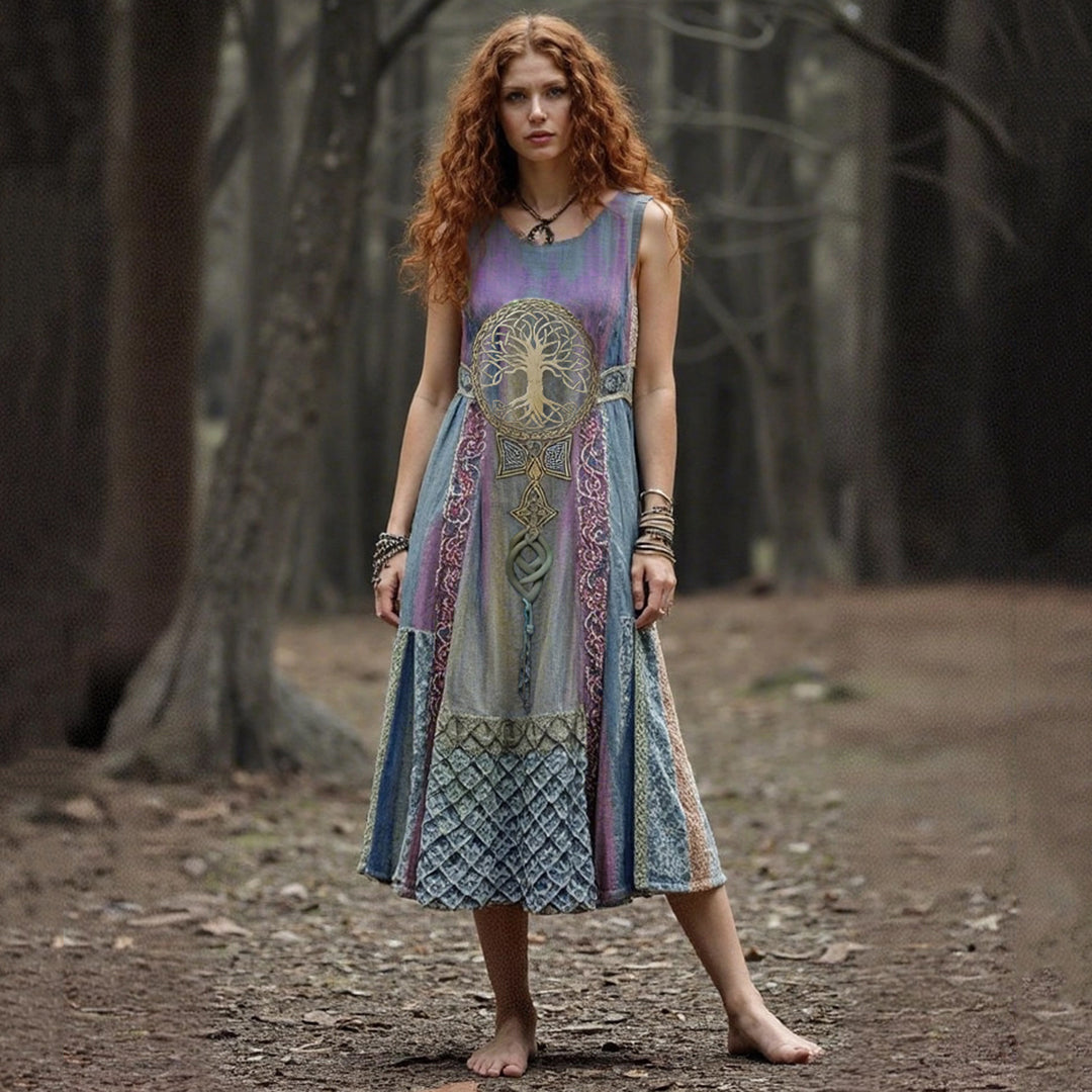 Vintage Tribal Life Of Tree Patchwork Art Linen Tank Dress artswardrobe