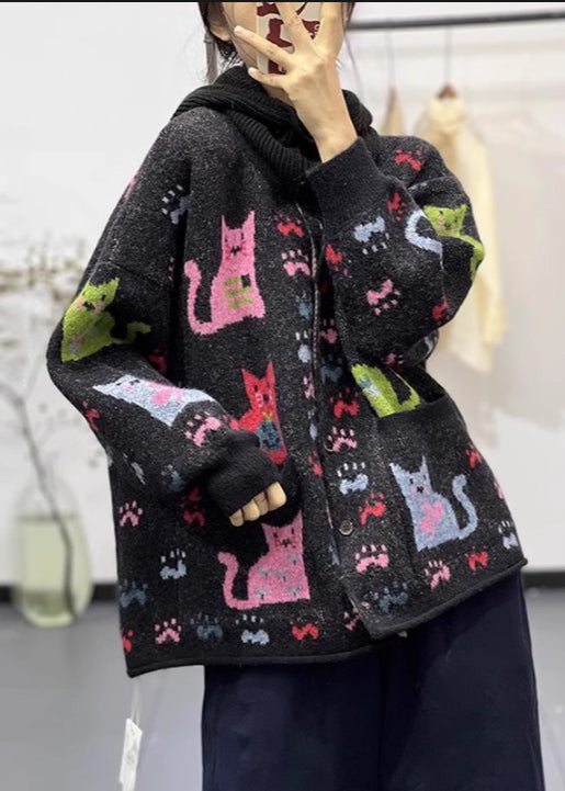 Black Oversized Print Denim Knit Jackets Spring