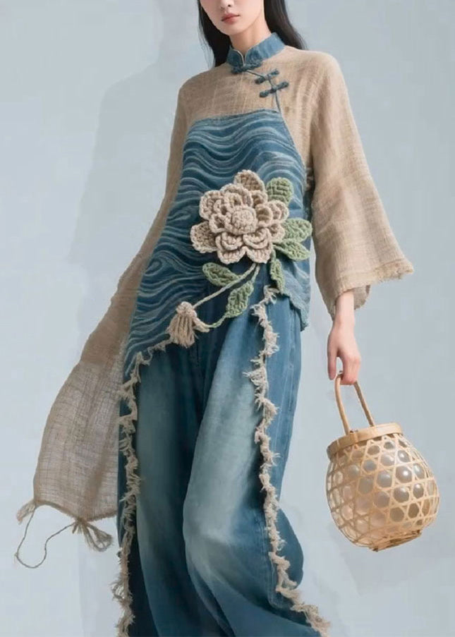 Colorblock Stand Collar Linen Patchwork Blouse Fall