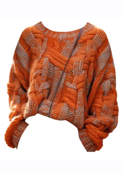Orange Warm Cotton Knitted Cable Sweater Winter