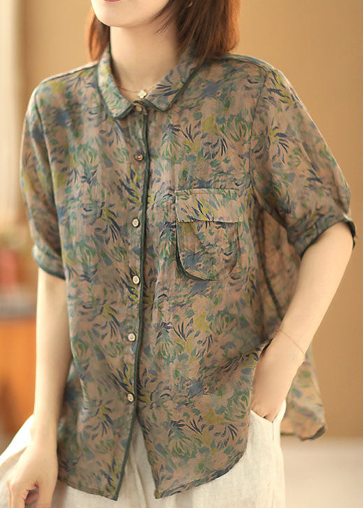 Green Peter Pan Collar Print Pocket Linen Shirt Top Short Sleeve