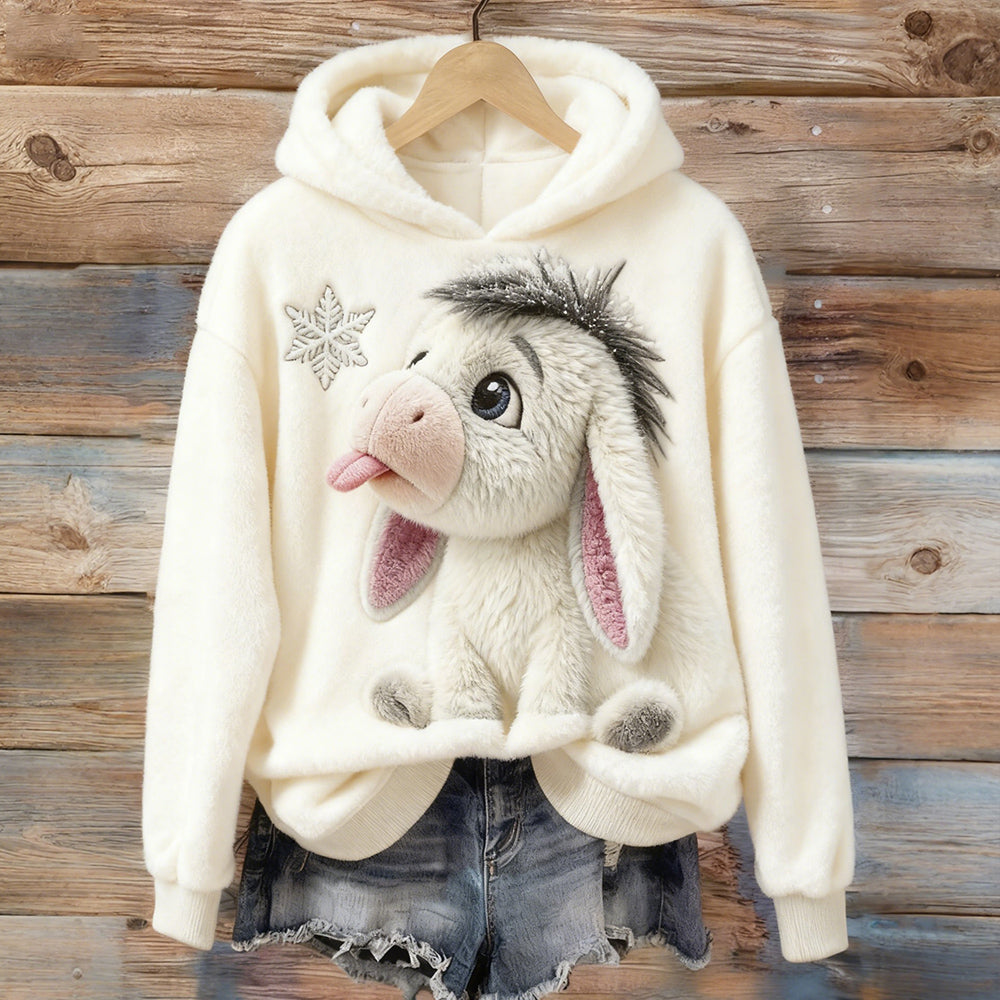 Comstylish Cute Baby Donkey & Snowflake Embroidered Cozy Plush Hoodie
